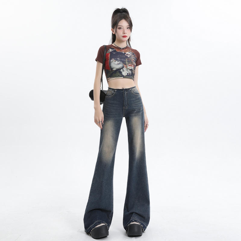 實拍~2024新款美式復古微喇叭牛仔褲女夏百搭低腰毛邊拖地闊腿褲