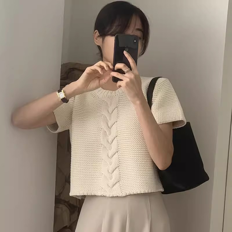 韓國chic夏季法式小眾圓領粗針設計麻花紋寬鬆百搭短袖針織衫女