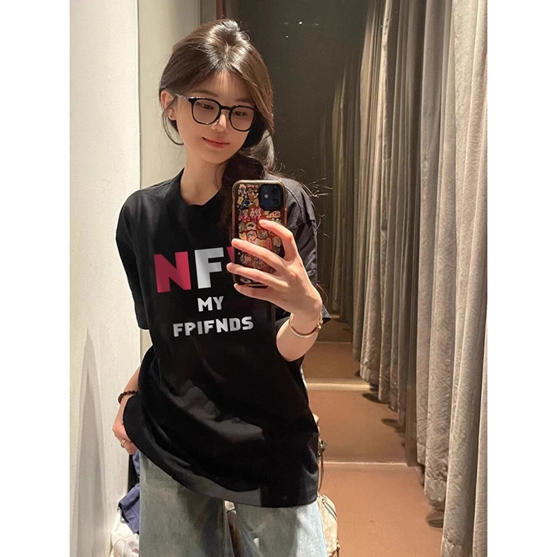 高品質純棉200克精梳緊密100%棉直播同品前印花寬鬆短袖t恤女