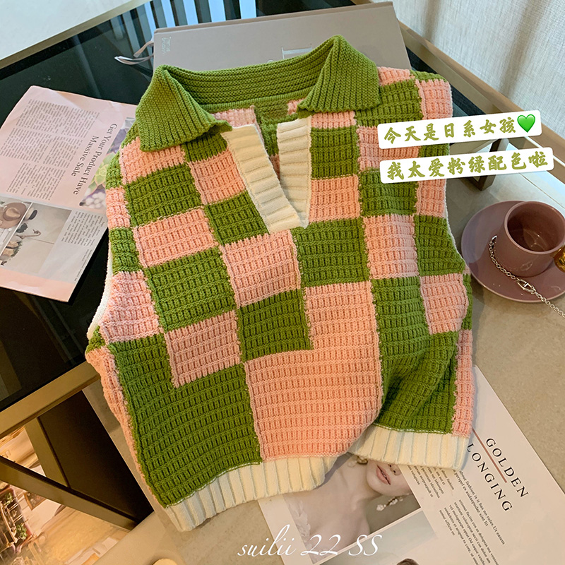 美式復古polo領棋盤格疊穿針織衫女春夏寬鬆撞色內搭馬甲背心毛衣
