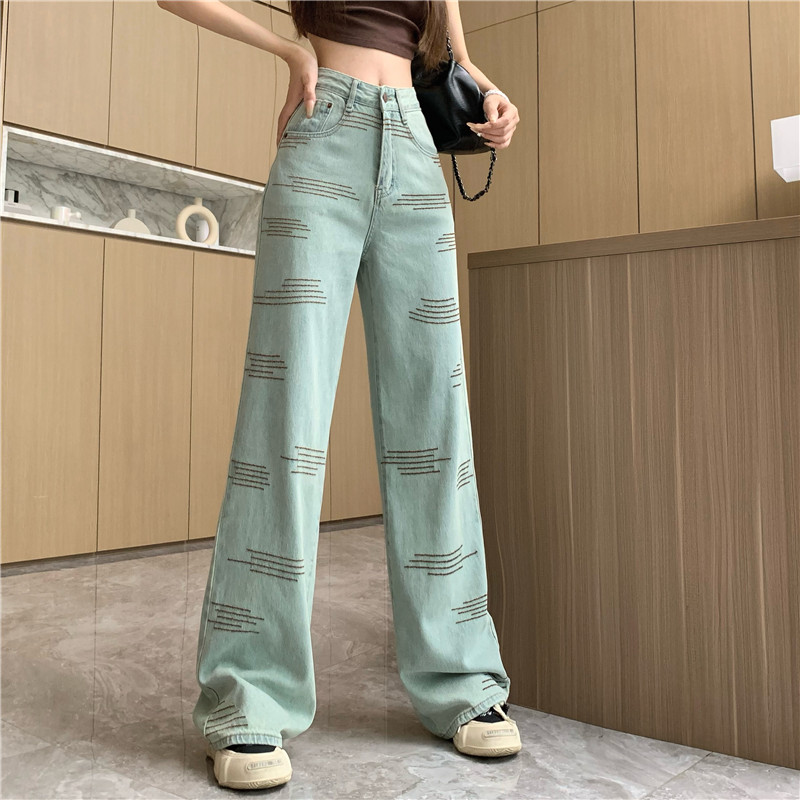 實拍 牛仔褲女2024春季新款重工刺繡休閒高腰寬鬆直筒復古闊腿褲