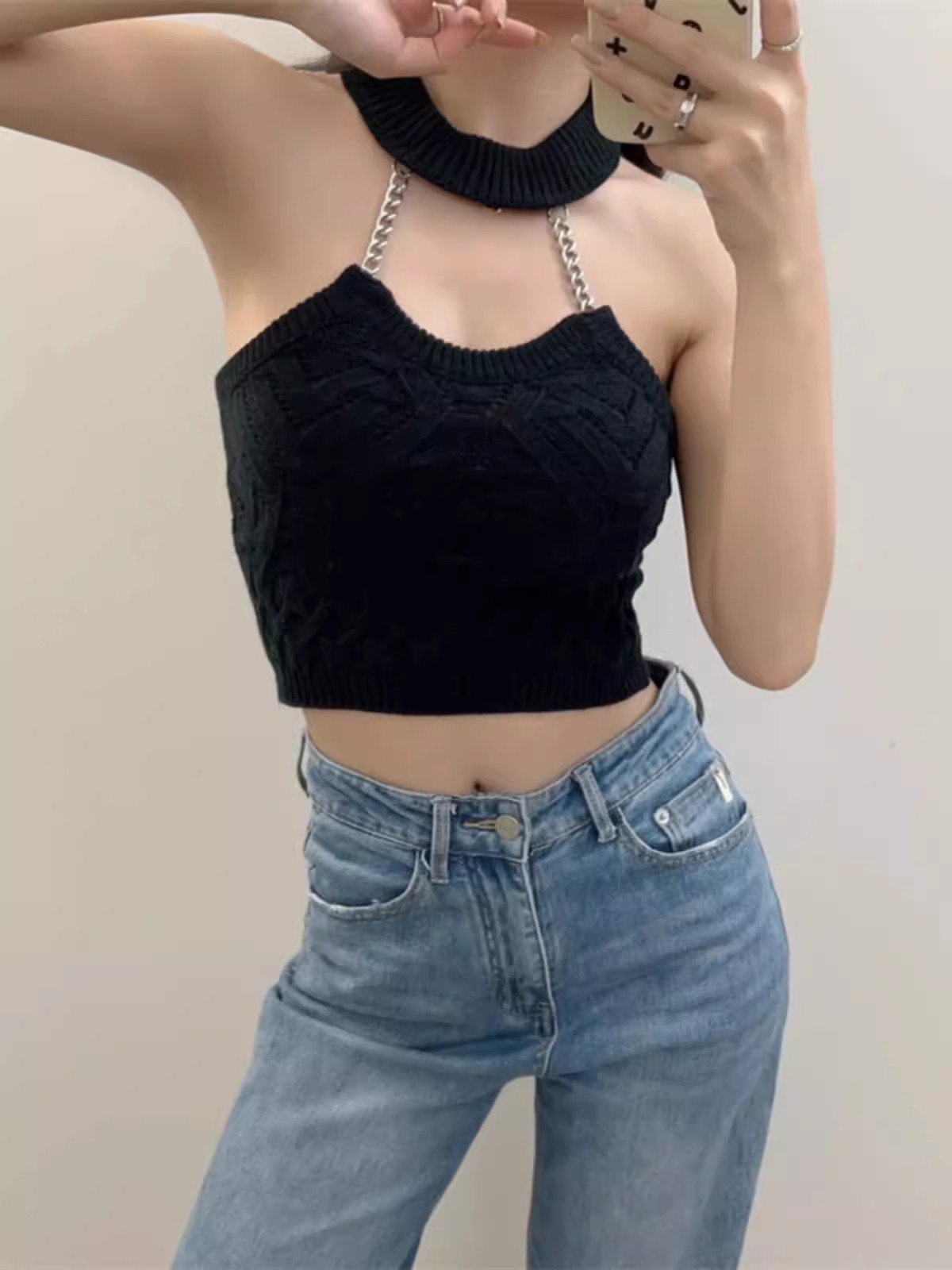 鏈條掛脖針織吊帶背心女內搭設計感小眾緊身性感打底裹胸辣妹上衣