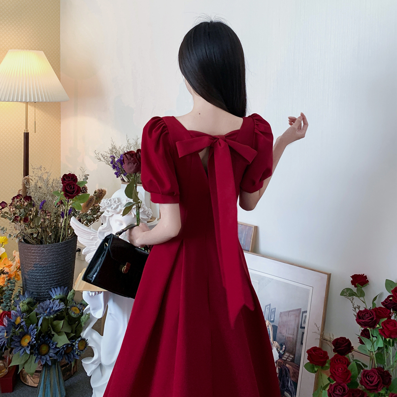實拍 ~高級感氣質減齡蝴蝶結紅色禮服裙敬酒服 平時可穿