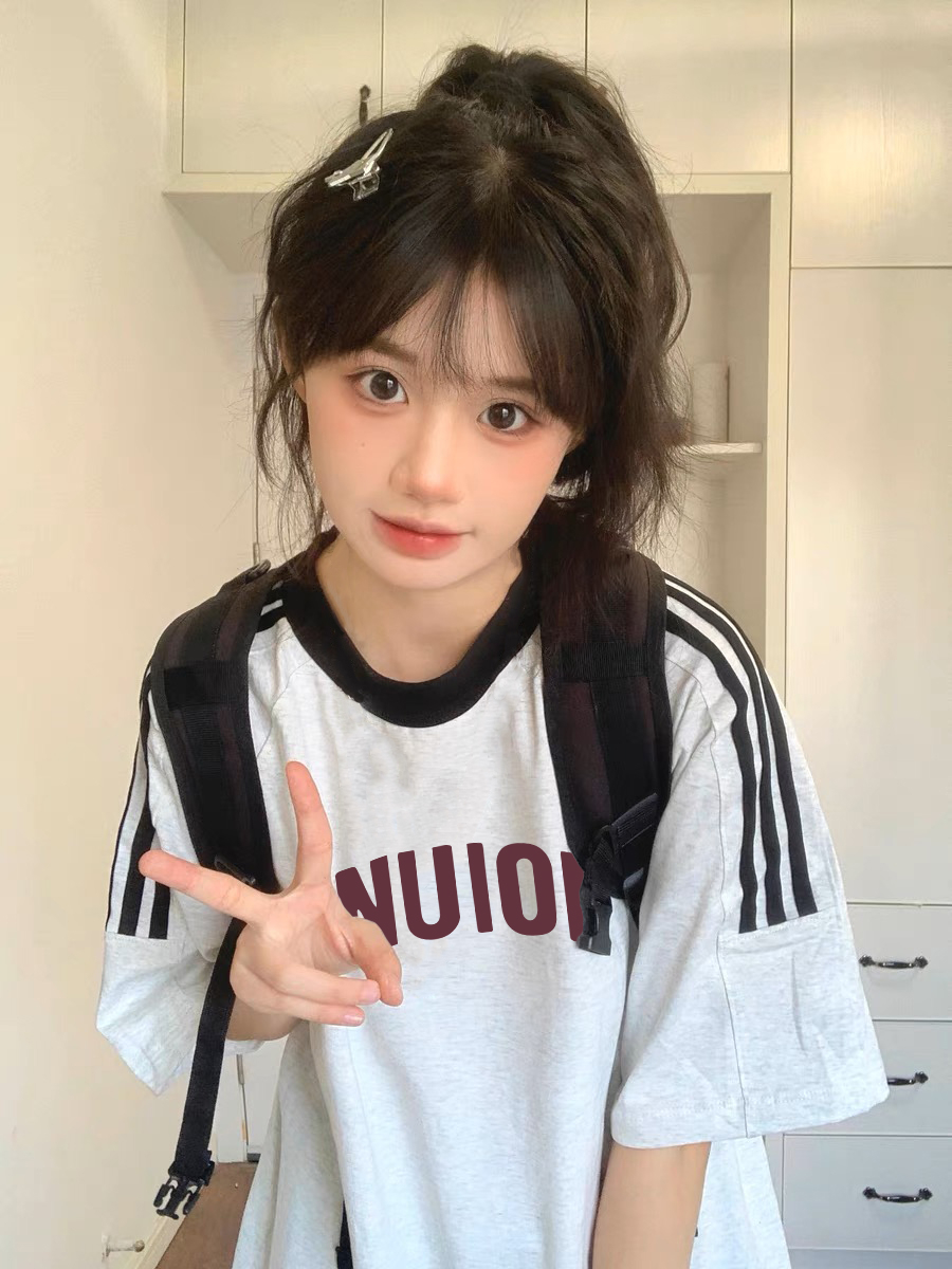 國潮牌撞色三條槓短袖t恤女夏季設計感小眾純棉寬鬆慵懶圓領上衣