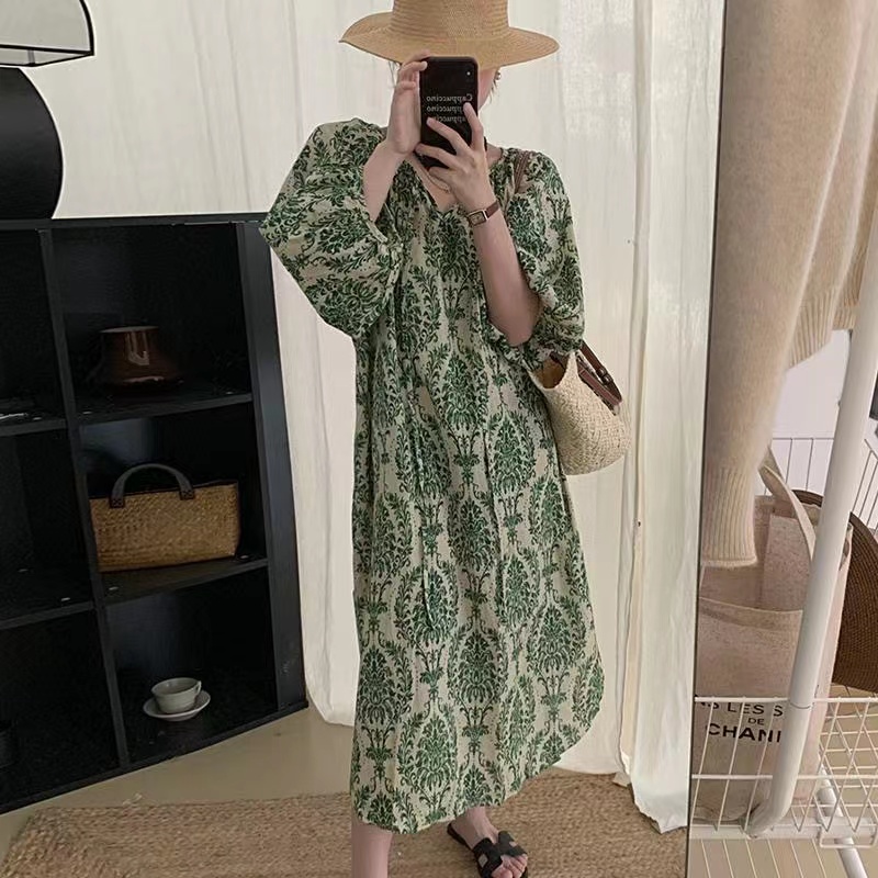 韓國chic夏季復古優雅圓領滿屏碎花系帶寬鬆燈籠袖連衣裙長裙女