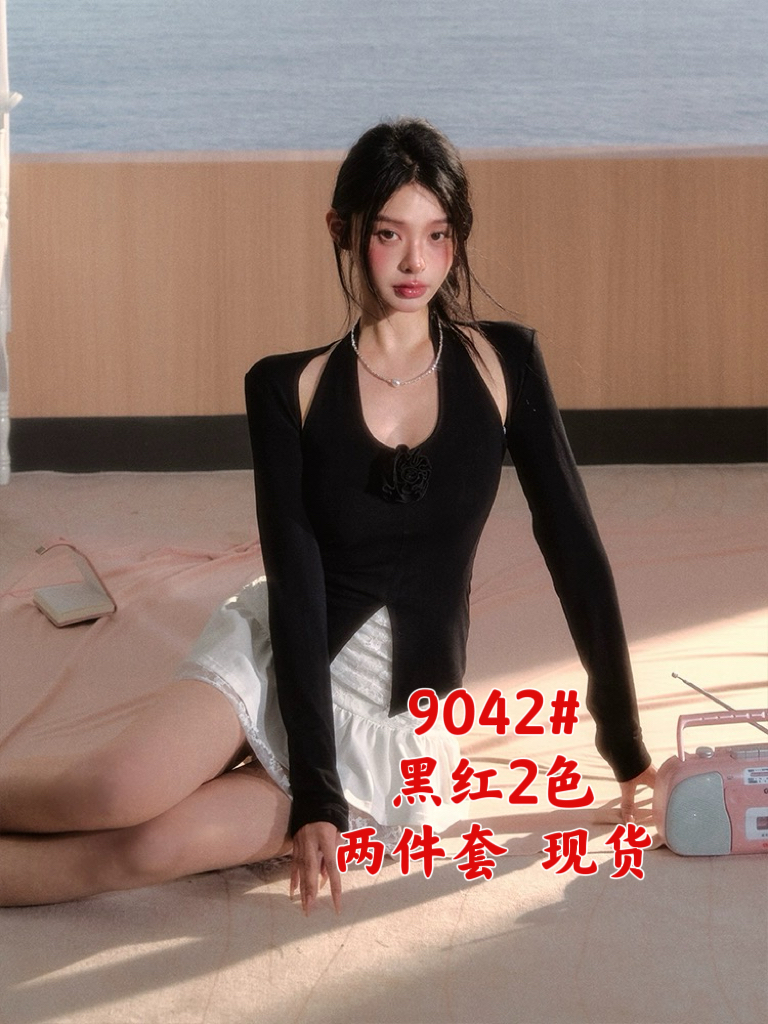 SDNby41 迷情玫瑰 純欲風胸口立體花掛脖吊帶+小坎肩可拆卸
