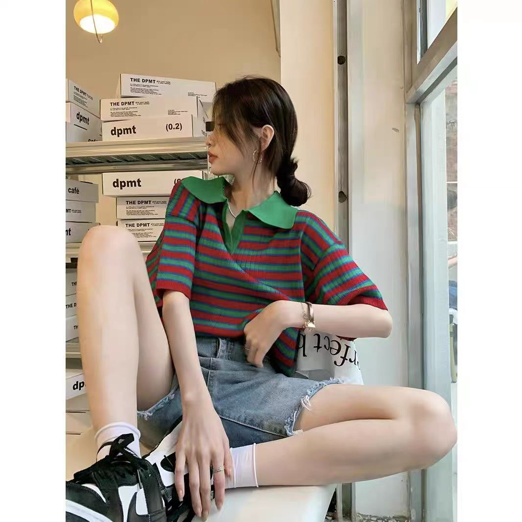 撞色條紋POLO領短袖t恤女夏季復古上衣潮