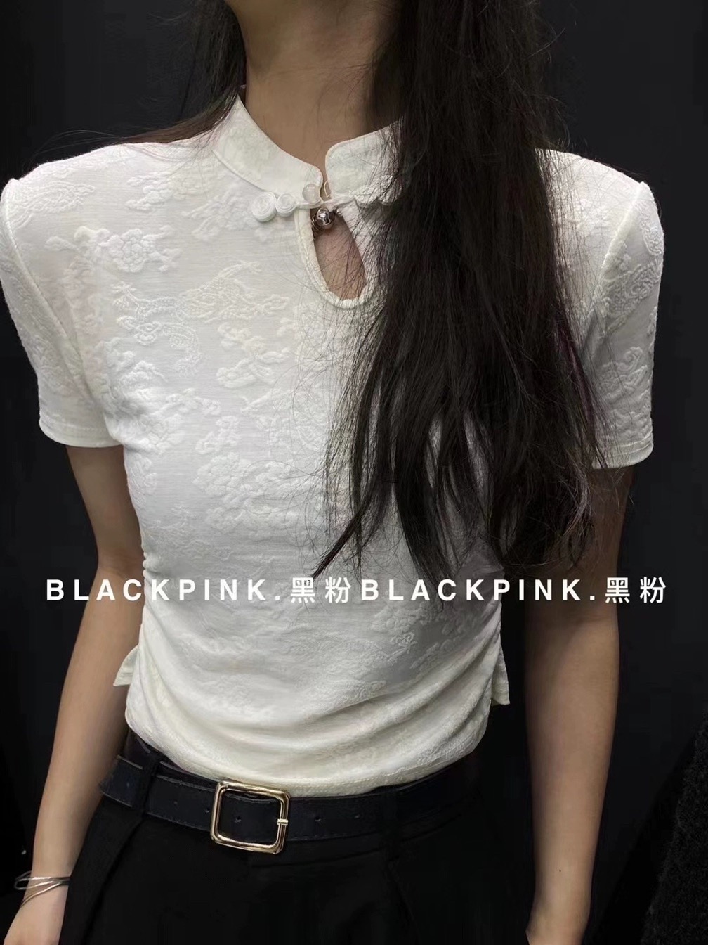春上新國風盤扣設計時尚百搭修身短袖打底衫設計感鏤空立領上衣