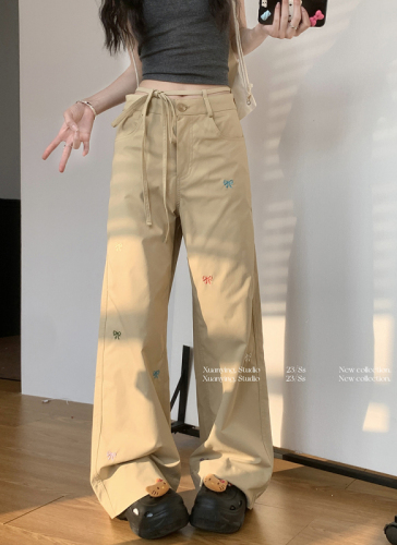 Actual shot~Large size 2024 new style bow embroidered straight wide leg pants slim overalls lace up casual pants