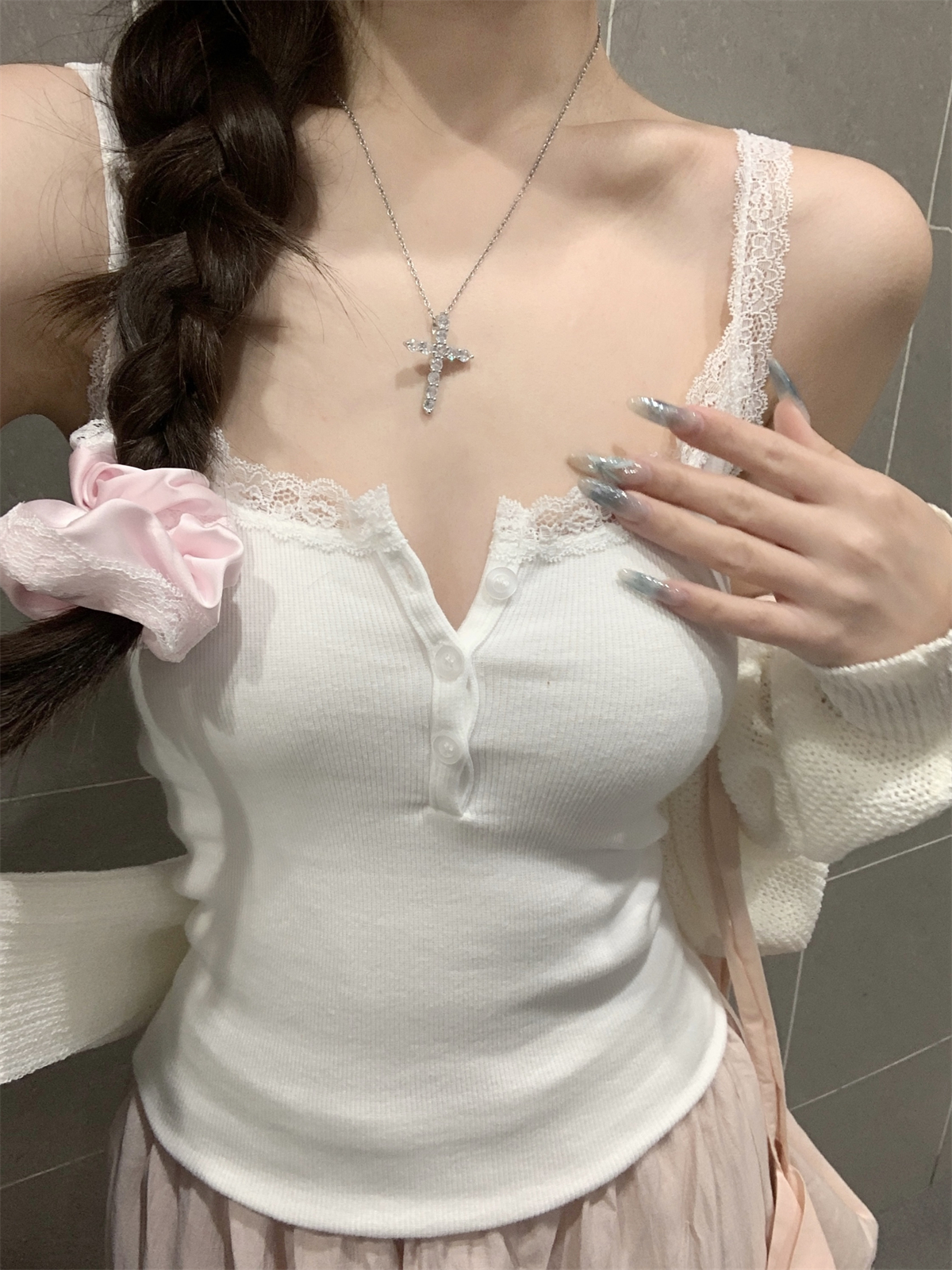 實拍 春夏韓版純欲紐扣蕾絲拼接修身內搭純棉吊帶背心T恤上衣