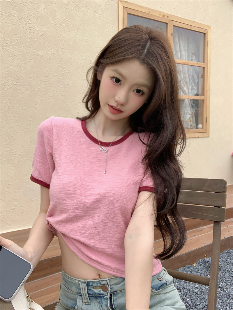 實拍 韓版夏季新款撞色辣妹高腰短袖T恤女上衣