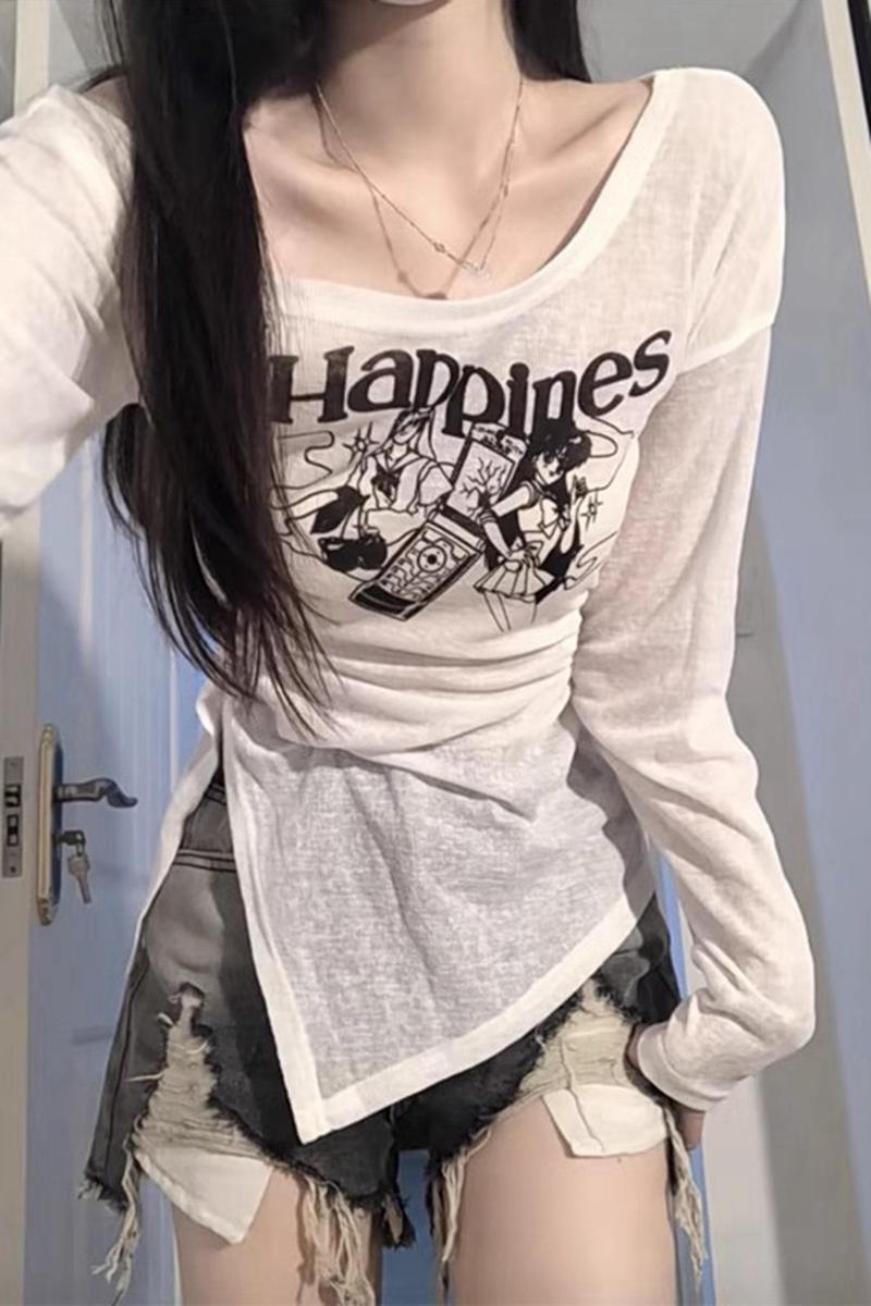 不規則開叉鏤空T恤女春夏季新款薄款露肩長袖防曬罩衫印花上衣ins