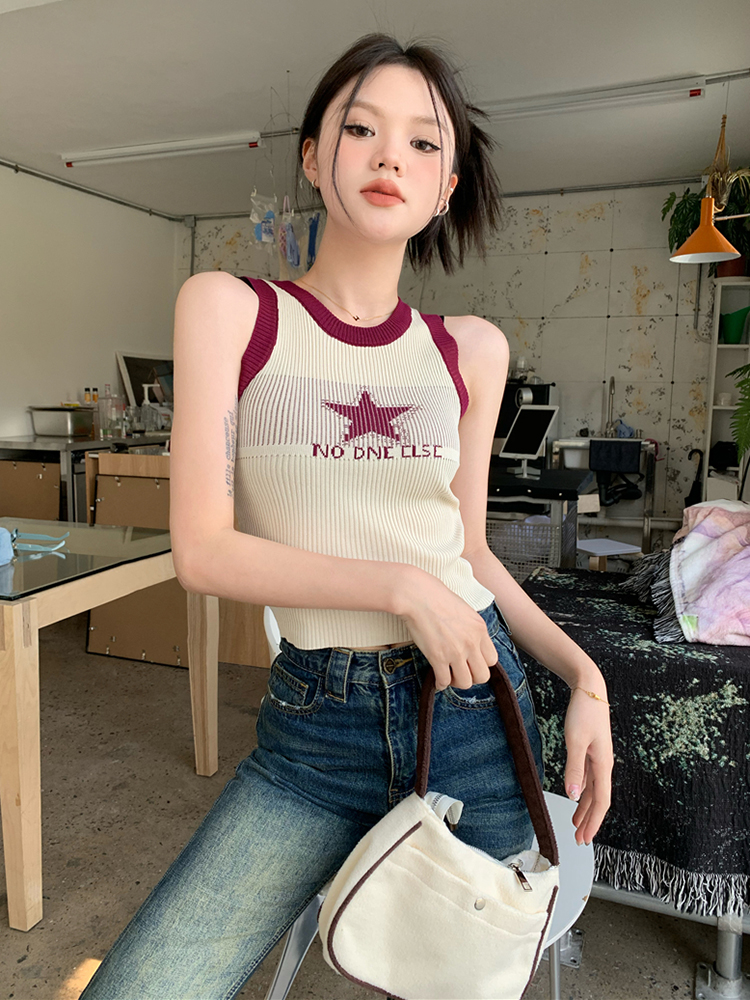 法式星星甜辣小背心美式吊帶女外穿夏季復古辣妹內搭無袖工字上衣