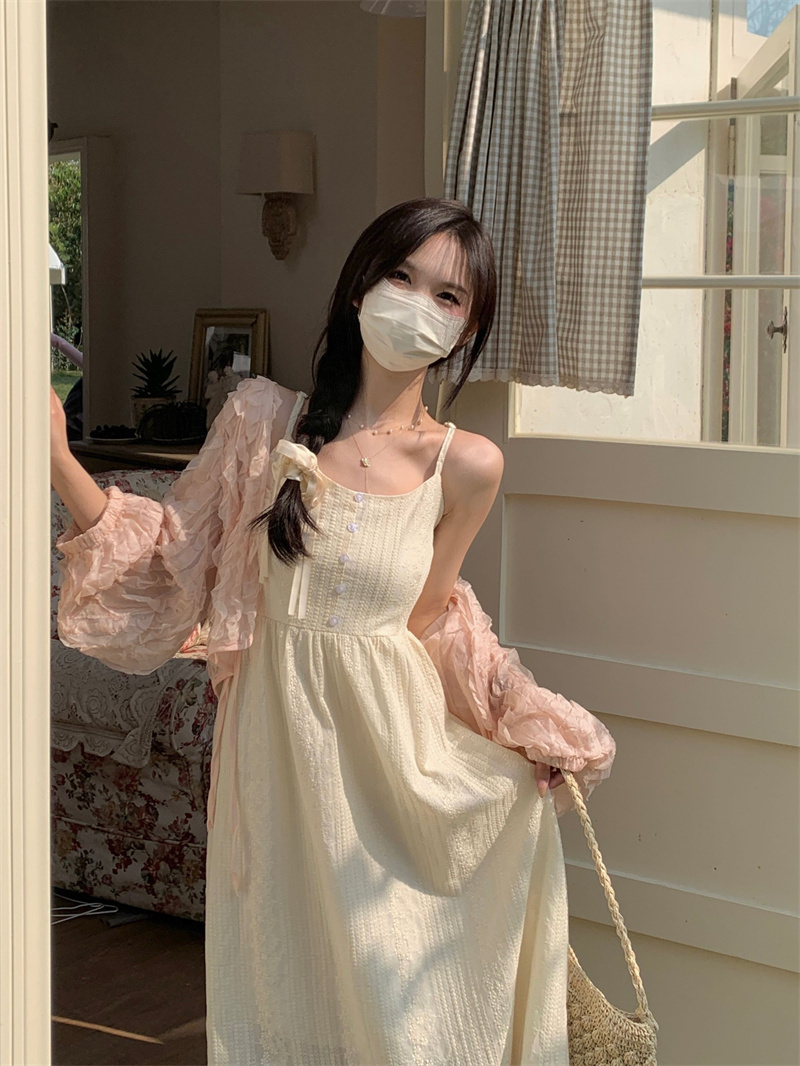 實拍~溫柔淑女甜美吊帶裙+粉色開衫