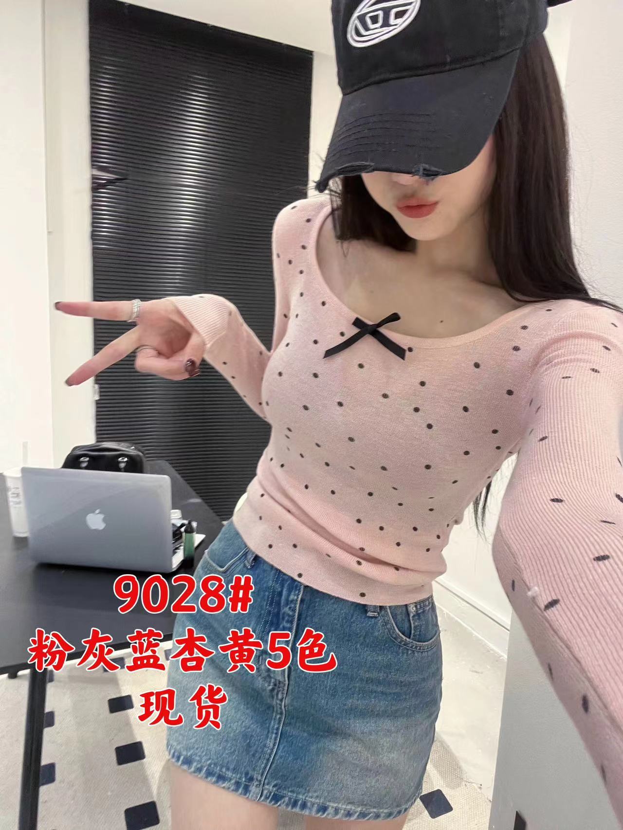 美少女方領修身波點短款小蝴蝶結裝飾辣妹針織衫小個子百搭打底衫