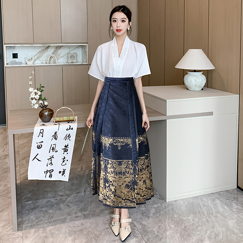 實拍 新中式國風短袖襯衫重工刺繡上衣印花馬面裙套裝兩件套夏季