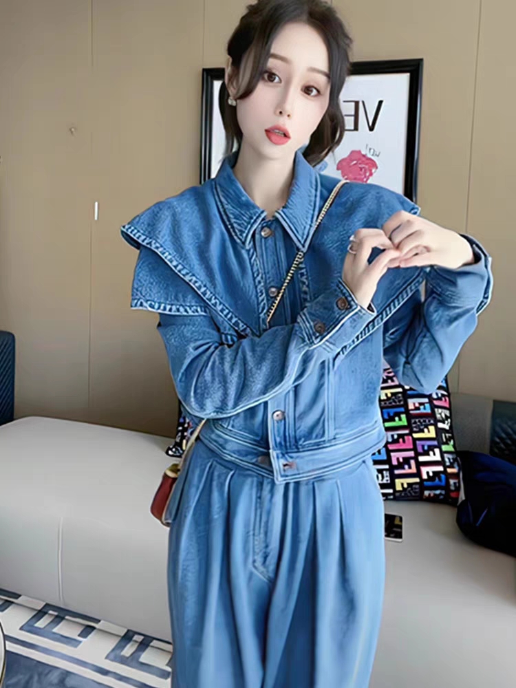 早春復古韓版牛仔套裝女氣質Polo領荷葉邊長袖高腰顯瘦長褲兩件套