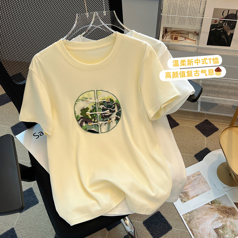 國風刺繡盤扣裝飾短袖T恤女2024早春新款洋氣內搭打底衫體恤上衣