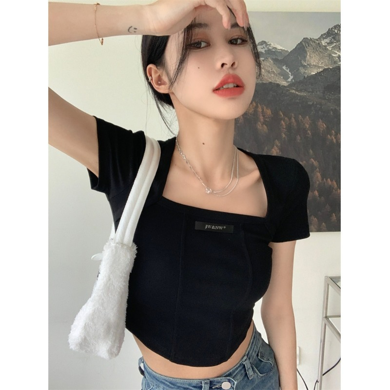 方領魚骨正肩T恤女夏季2024年新款辣妹修身顯瘦短款灰色短袖上衣