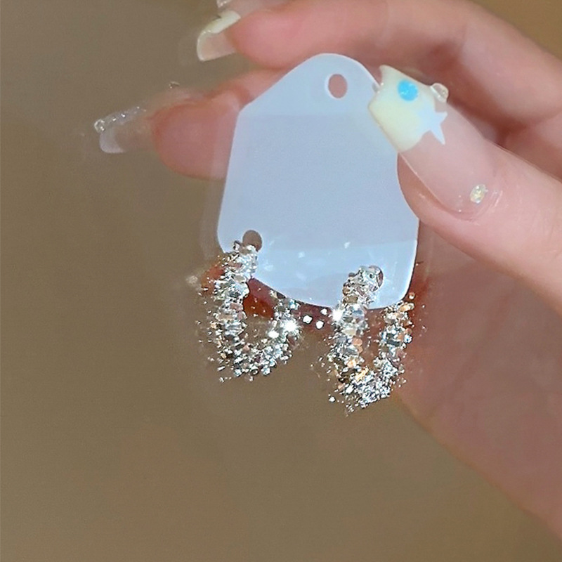 S925銀針輕奢小眾高級感C形耳釘女ins潮百搭氣質超閃碎銀耳環耳飾