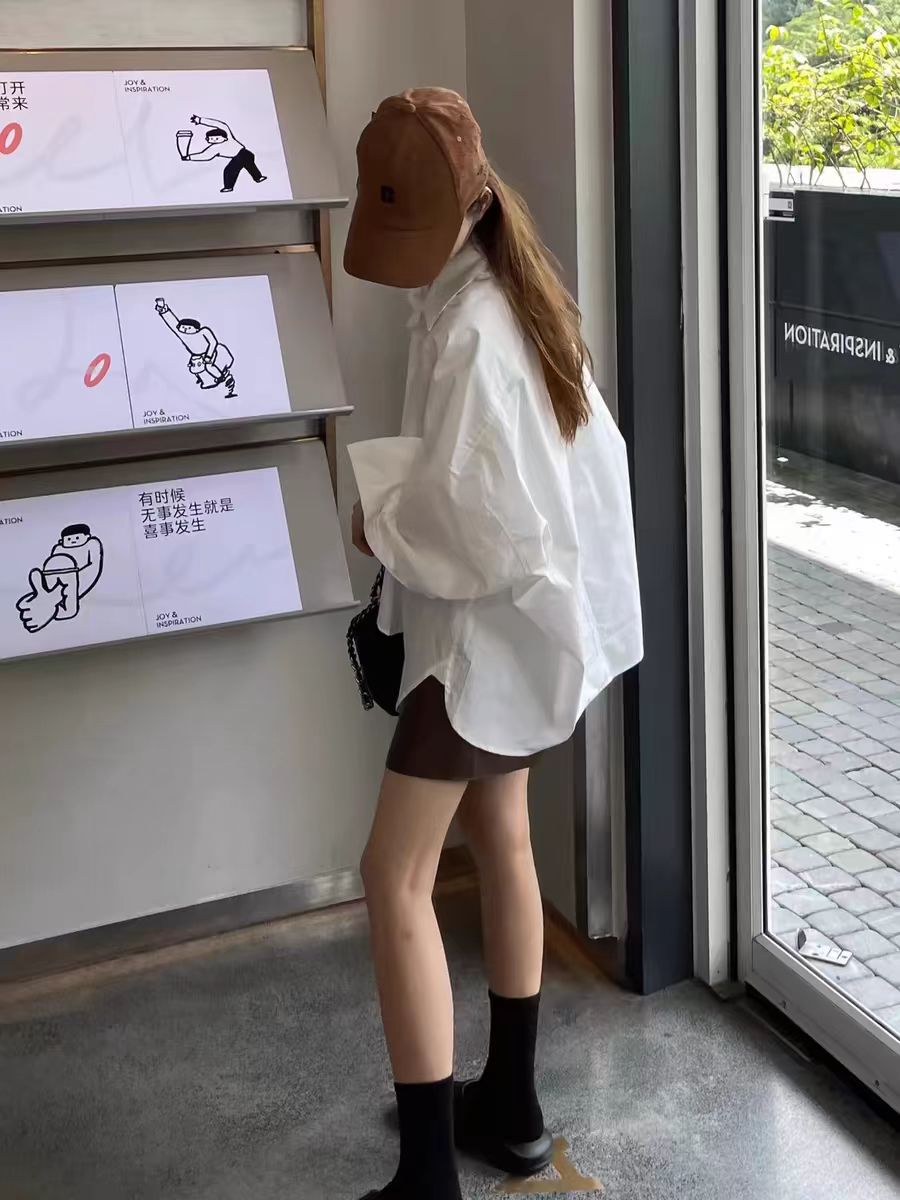 JYCCCCCC 白色長袖襯衫女小眾寬鬆純色慵懶風春秋新款百搭上衣