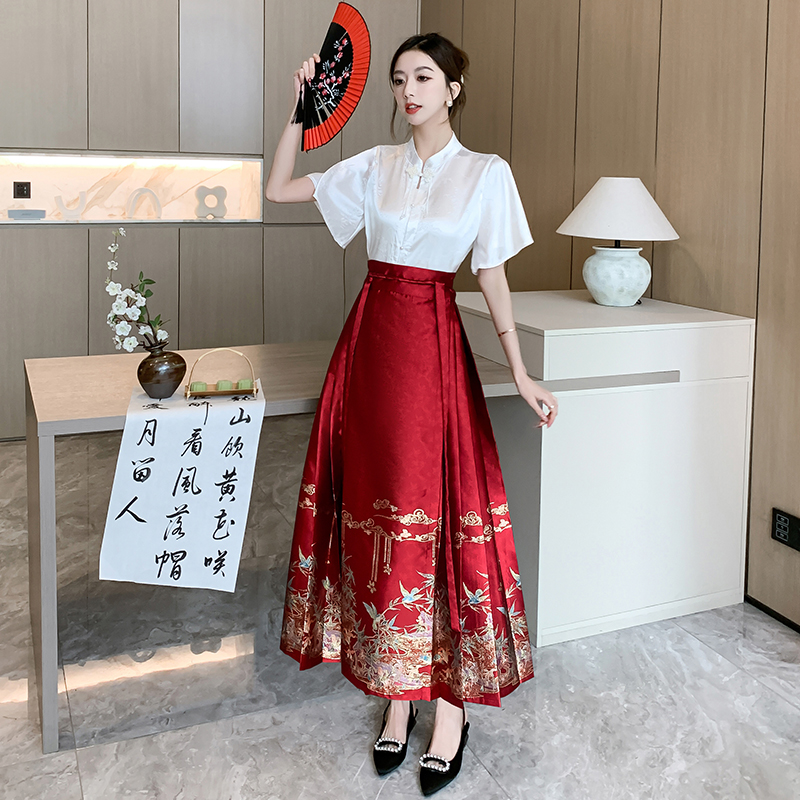 實拍 新中式紅色馬面裙敬酒服新娘長款套裝夏季新款鍛面提花襯衣