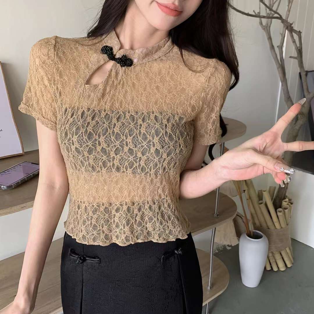 純欲別致高檔漂亮洋氣質蕾絲小衫復古旗袍短袖上衣女夏設計感小眾