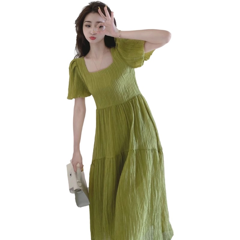 大碼女裝新款夏季梨型身材溫柔系微胖MM女生顯瘦桔梗法式連衣裙子