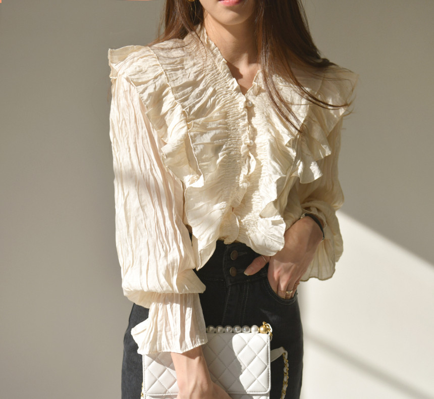 Size update chic Korean Dongdaemun spring new v-neck pleated ruffled soft shirt top