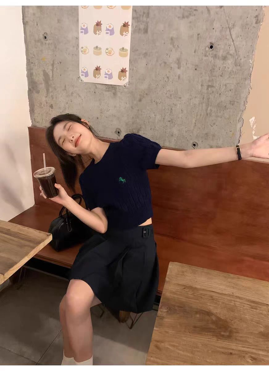復古麻花針織刺繡短上衣女2024年春夏季新款顯瘦短款短袖針織衫