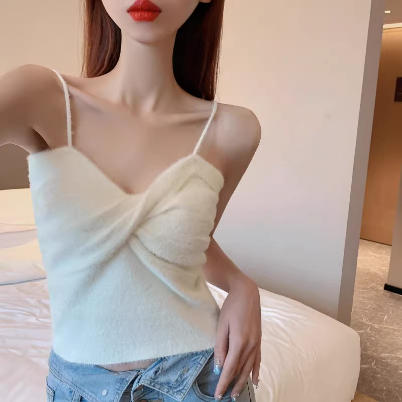 Mink plush camisole for women, sexy cross tube top, sleeveless knitted bottoming shirt, short spring and autumn top