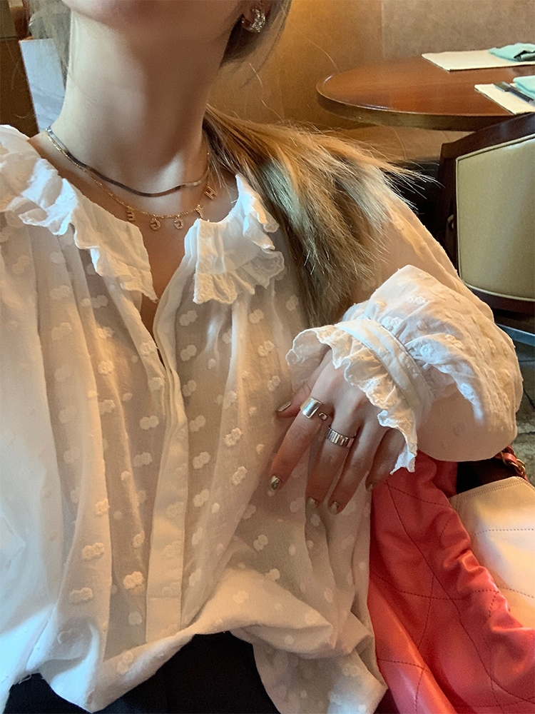 HEYGIRL黑哥 韓版肌理花邊蕾絲襯衫女春季設計感花刺繡長袖上衣