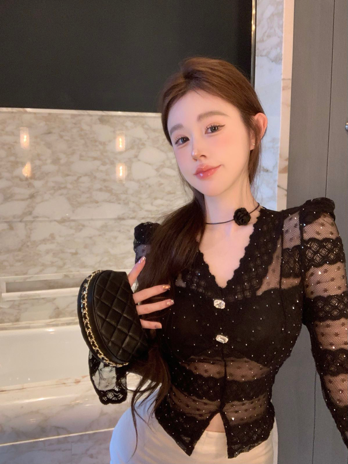 實拍——新款性感名媛重工滿天星燙鑽設計網紗小衫蕾絲衫女