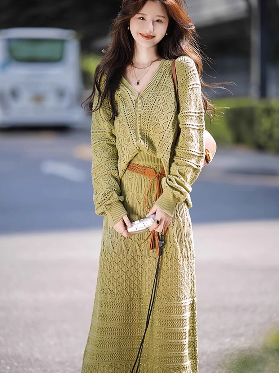茶系穿搭網紅休閒套裝女針織開衫高腰半身長裙兩件套連衣裙女