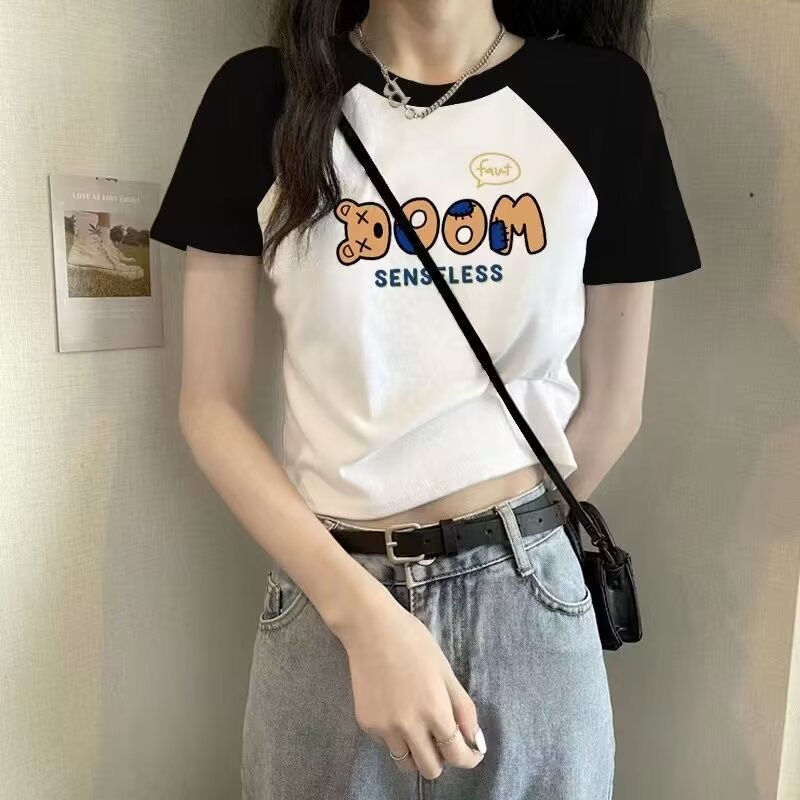 純棉拉架短袖T恤女2024夏季新款寬鬆休閒百搭上衣