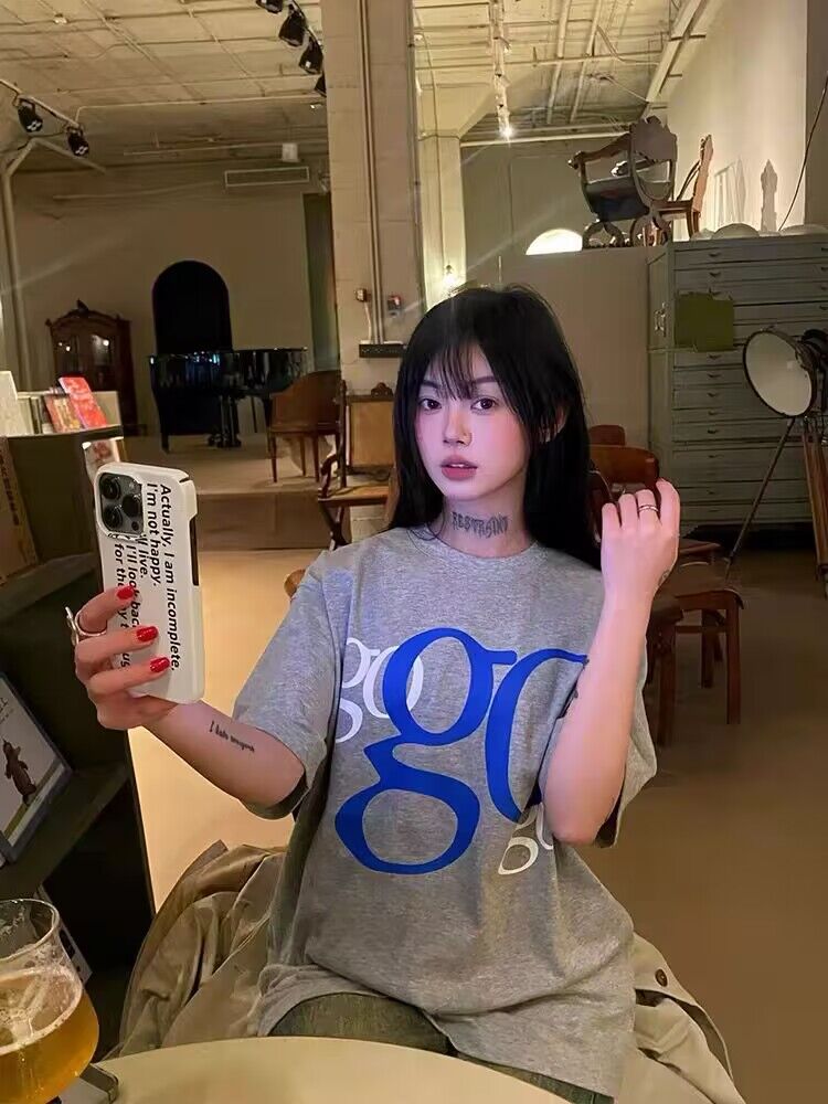 高品質純棉200克精梳緊密100%棉直播同品前印花寬鬆短袖t恤女
