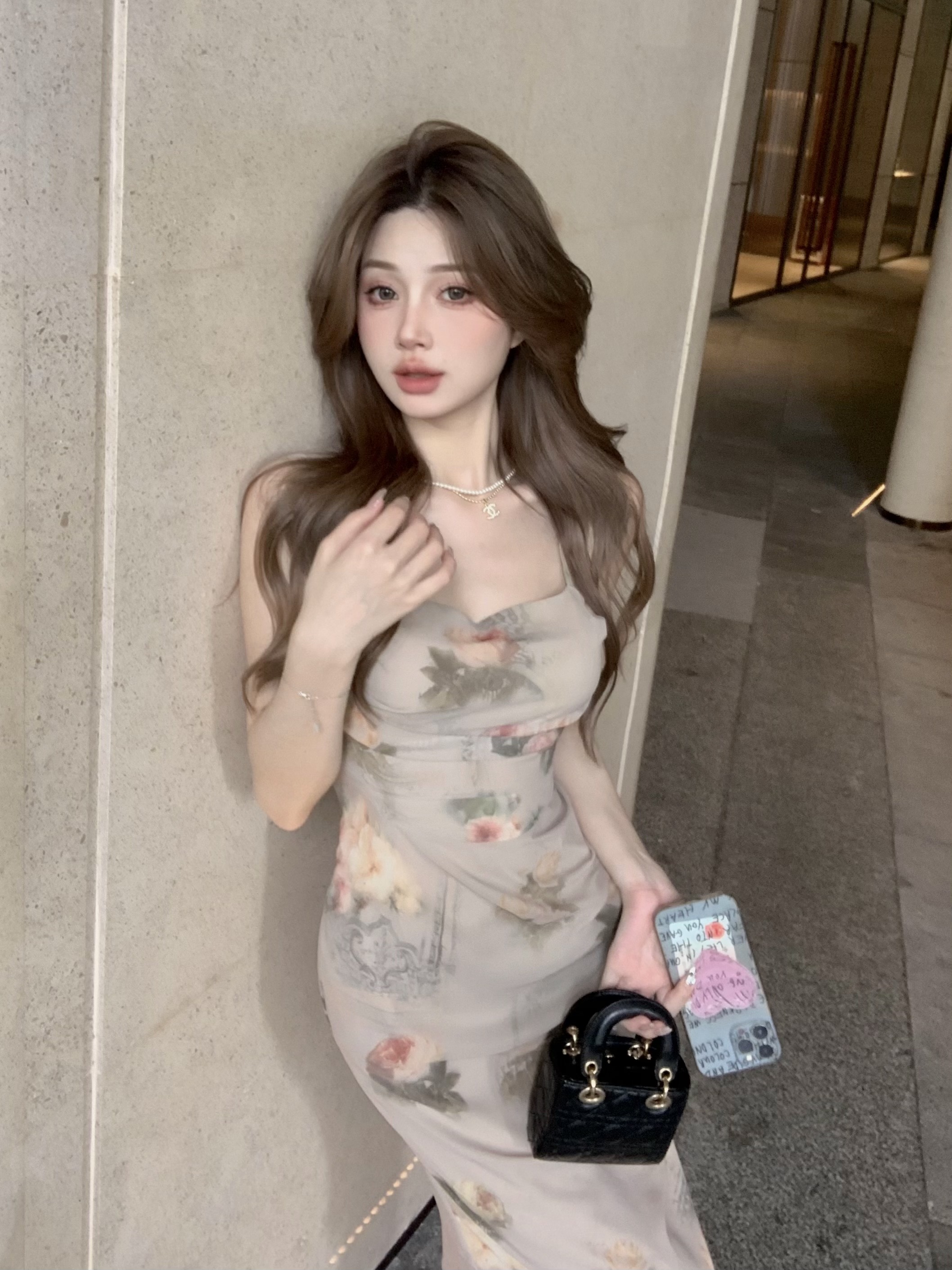 實拍 盛夏光影 法式復古油畫印花褶皺收腰方領氣質連衣裙女