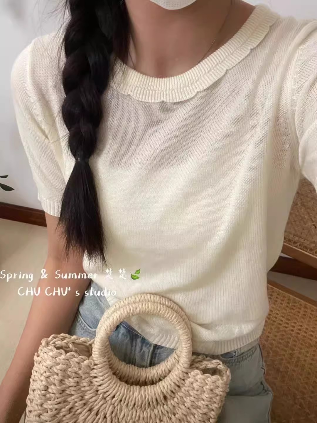 2024甜美小清新花邊領子薄料短袖針織上衣
