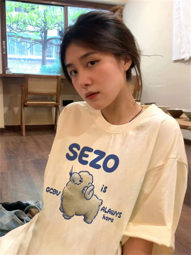 220克純棉 2024夏季新款寬鬆中長款清新小羊印花短袖T恤女