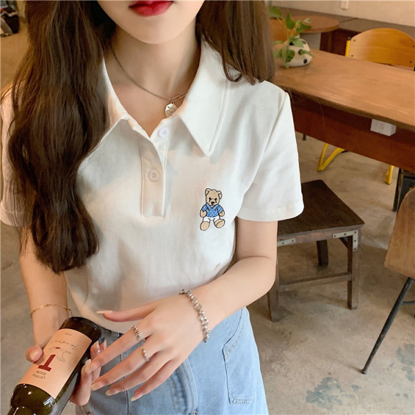 日系polo衫小熊短袖t恤女寬鬆韓版ins原宿風chic港味露臍短款上衣