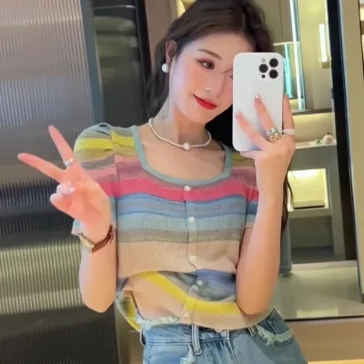 Korean style age-reducing contrast stripe rainbow short-sleeved knitted top for women French square neck puff sleeve short ice silk T-shirt