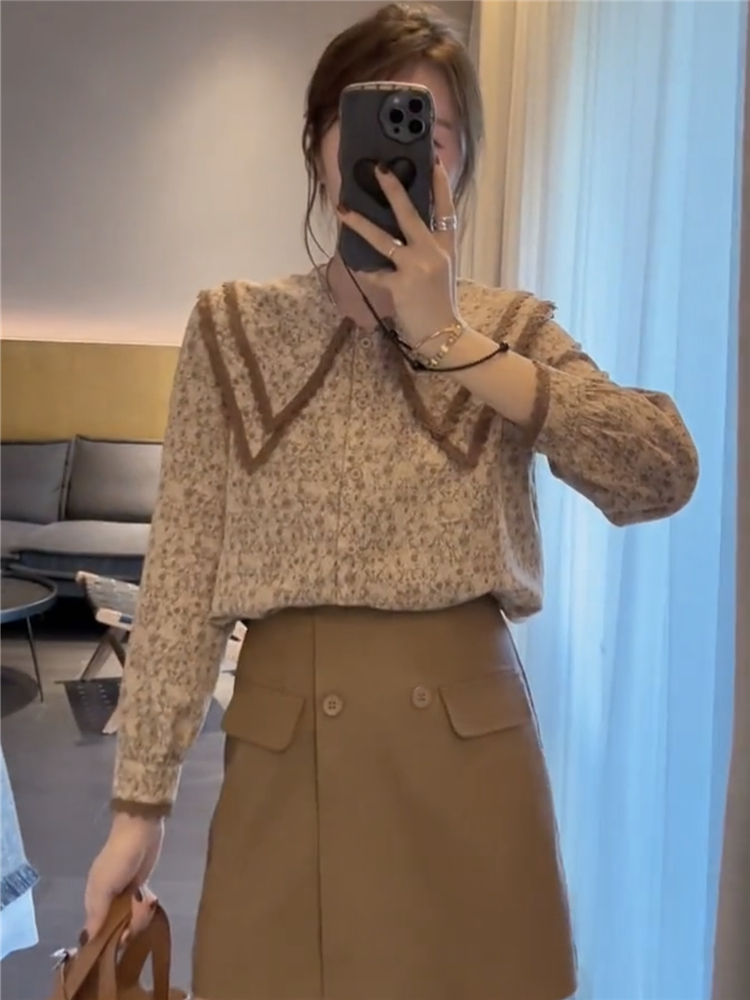 春秋新款法式尖領襯衫女設計感小眾洋氣時尚雪紡碎花上衣女