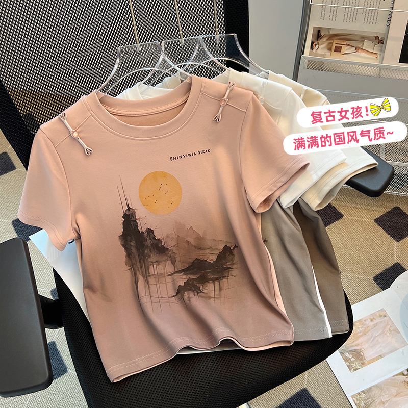設計感2024夏季新款國風重工印花盤扣短袖T恤女時尚氣質小眾上衣