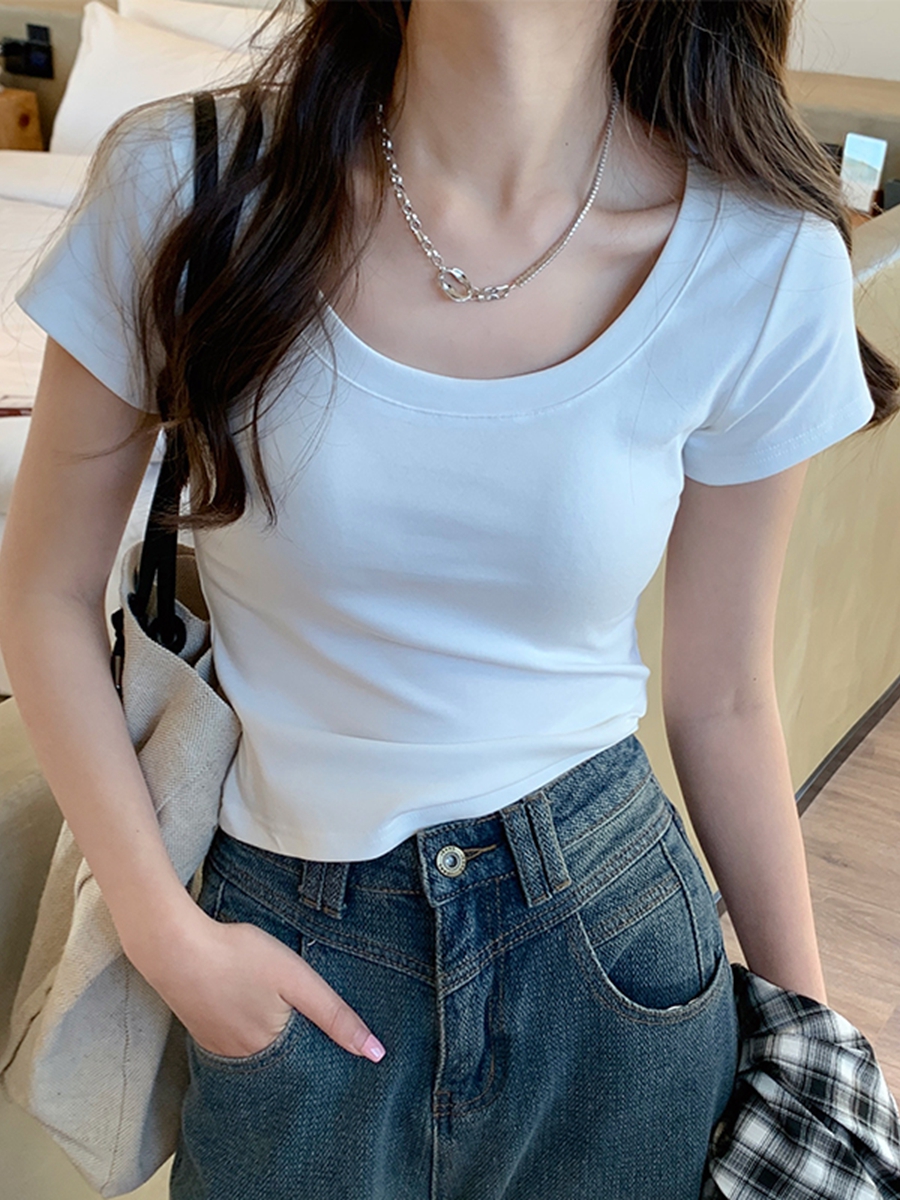 正肩短袖t恤女夏季2024年新款u領設計感小眾甜辣修身藍色短款上衣