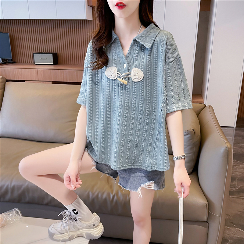 實拍-2024夏季仿棉泡花POLO領大碼寬鬆上衣T恤女