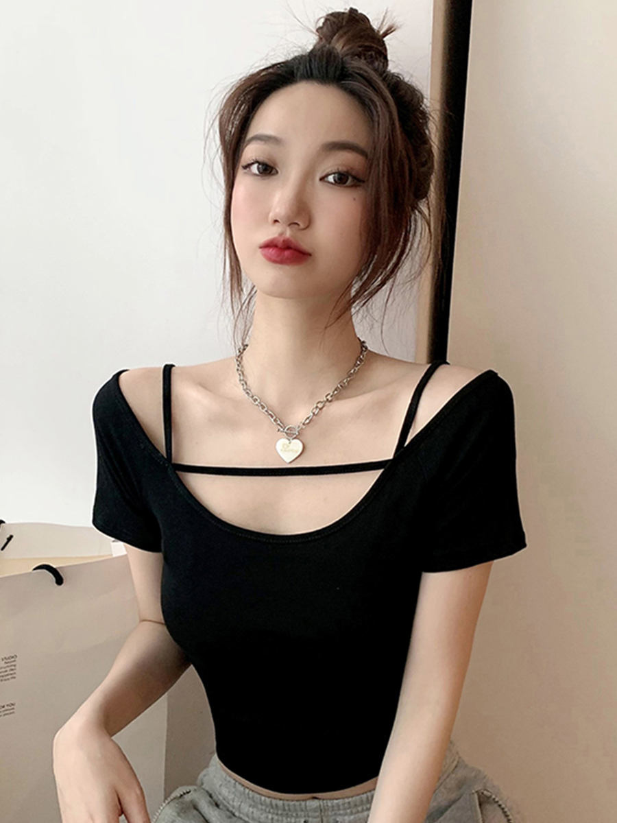 實拍 短袖露肩修身短款t恤上衣女