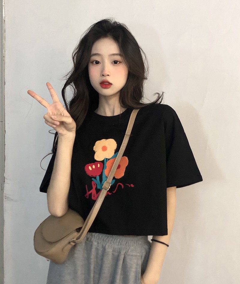 黑色印花短袖正肩t恤女夏季半袖設計感小眾寬鬆顯瘦短款上衣