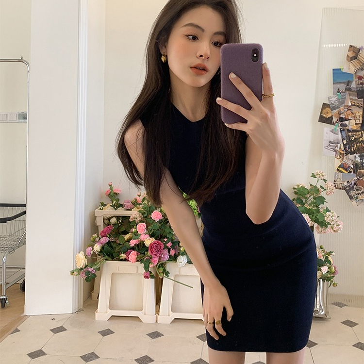 2024年新款夏季女裝性感無袖吊帶打底背心針織連衣裙顯瘦包臀短裙