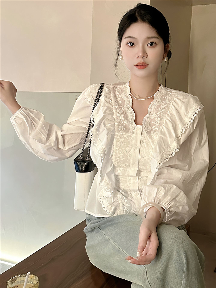 秋裝新款法式小香風荷葉邊襯衫女設計感小眾短款蕾絲襯衣女