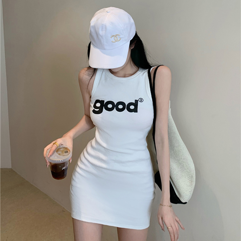 無袖背心裙女休閒百搭字母印花辣妹緊身打底性感包臀短裙連衣裙